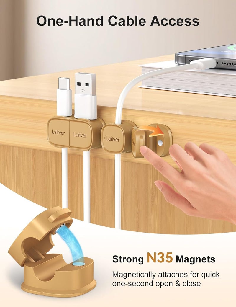 Laitver 6 Pack Magnetic Cable Clips [1s Open/Lock], Cord Organizer Holder Strong Adhesive Desk Cable Management- Organize Charging Cords Neatly for Home, Office, Car,Desk, Nightstand-Milk Coffee - Image 4